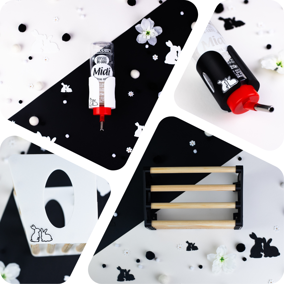 An image of a white bottle and holder, black bottle and holder, white hay rack and a black hay rack.