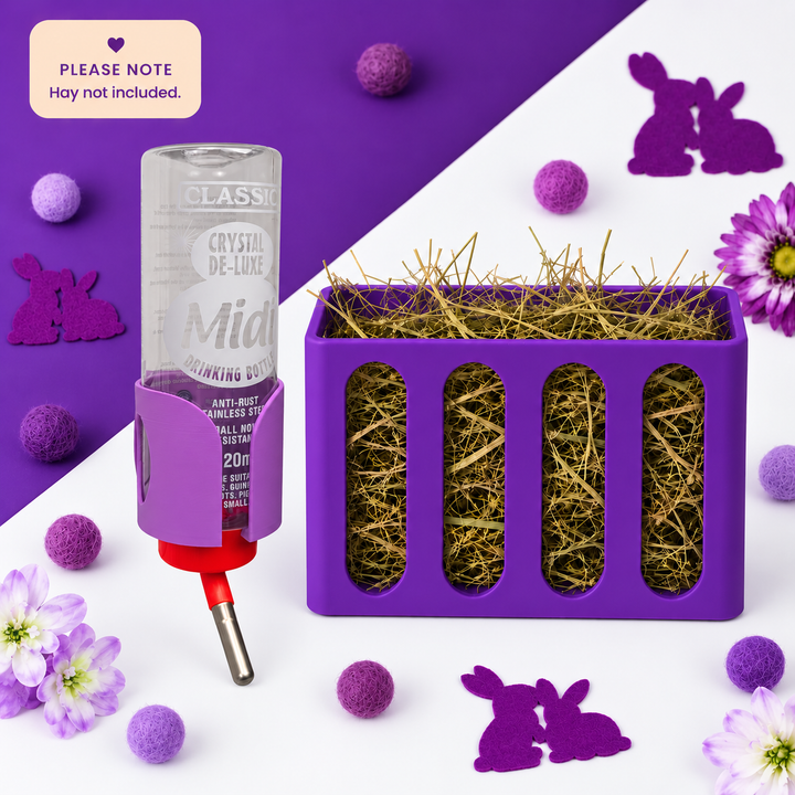 Guinea Pig & Rabbit Water Bottle Holder & Hay Rack – Electric Purple | Cage & Wall Mounted | Made in Britain