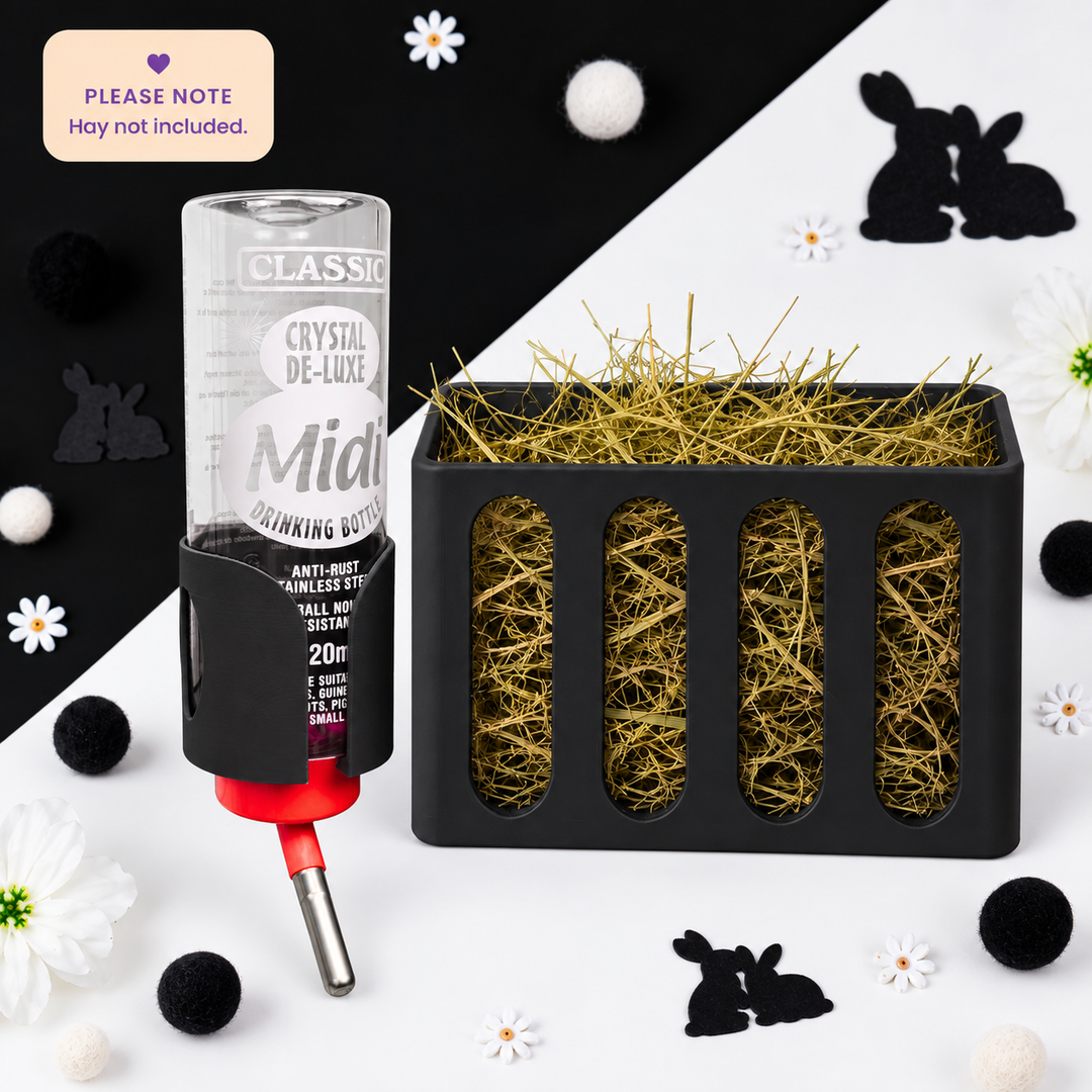 Guinea Pig & Rabbit Water Bottle Holder & Hay Rack – Black | Cage & Wall Mounted | Made in Britain