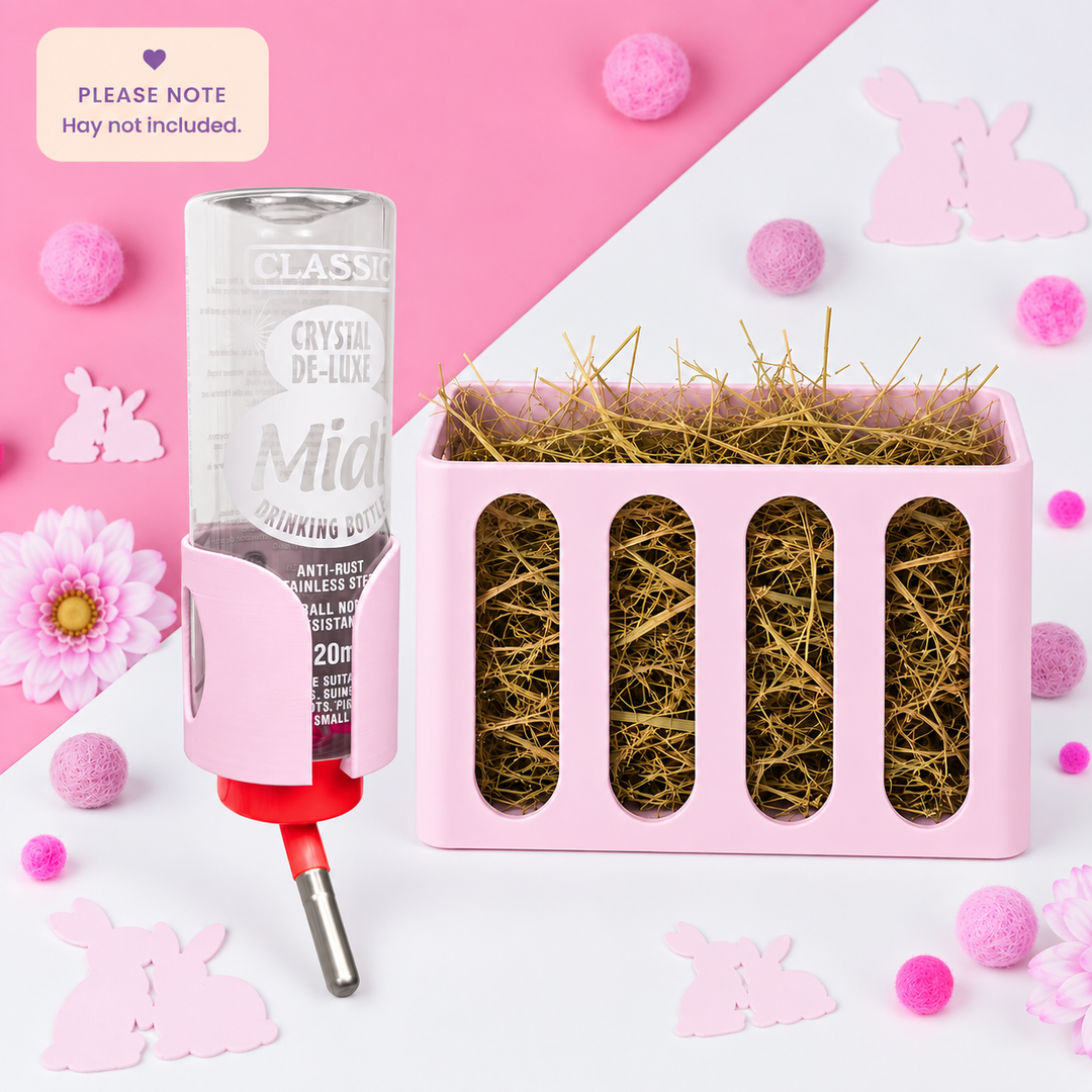 Guinea Pig & Rabbit Water Bottle Holder & Hay Rack – Pastel Pink | Cage & Wall Mounted | Made in Britain