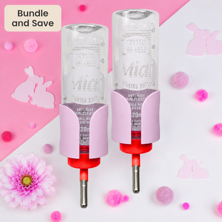 Pastel Pink guinea pig bottle holder duo pack, 2x no-wire cage mounted holders, made in Britain