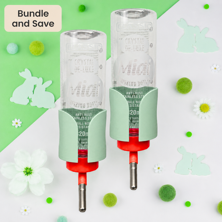 Pastel Green guinea pig bottle holder duo pack, 2x no-wire cage mounted holders, made in Britain