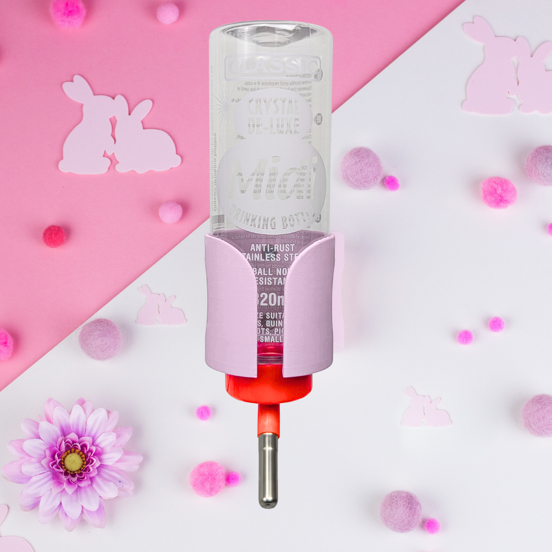 Pastel Pink guinea pig water bottle holder with Classic water bottle, small pet cage accessory