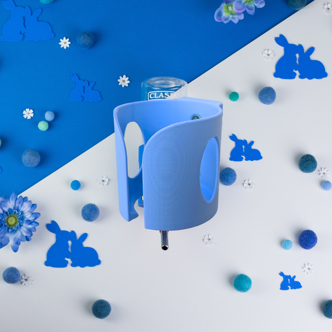Sky Blue rabbit water bottle holder side view, no-wire cage mount, made in Britain