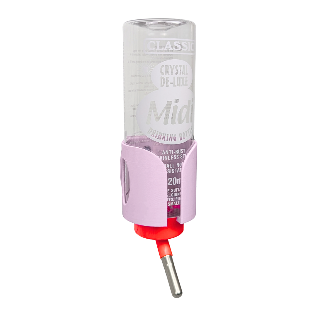 Pastel Pink guinea pig water bottle holder side view with water bottle, wall mounted