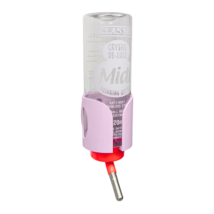 Pastel Pink guinea pig water bottle holder side view with water bottle, wall mounted