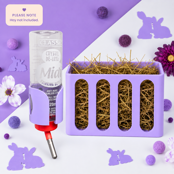 Guinea Pig & Rabbit Water Bottle Holder & Hay Rack – Pastel Purple | Cage & Wall Mounted | Made in Britain
